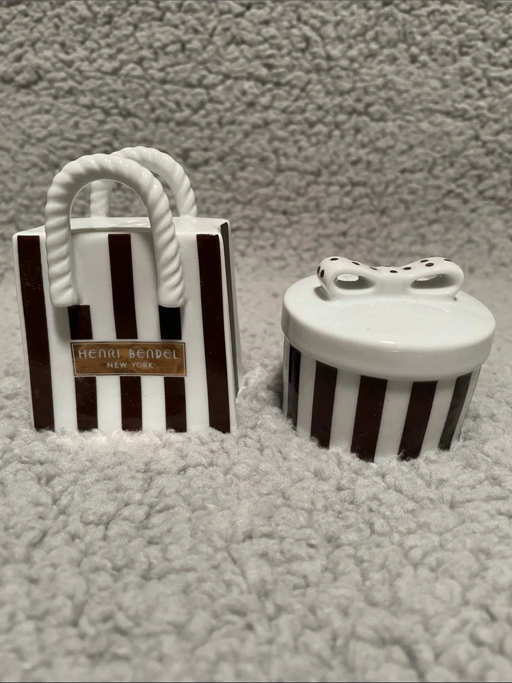 Henri Bendel Brown & White Striped Ceramic Salt and Pepper Shakers